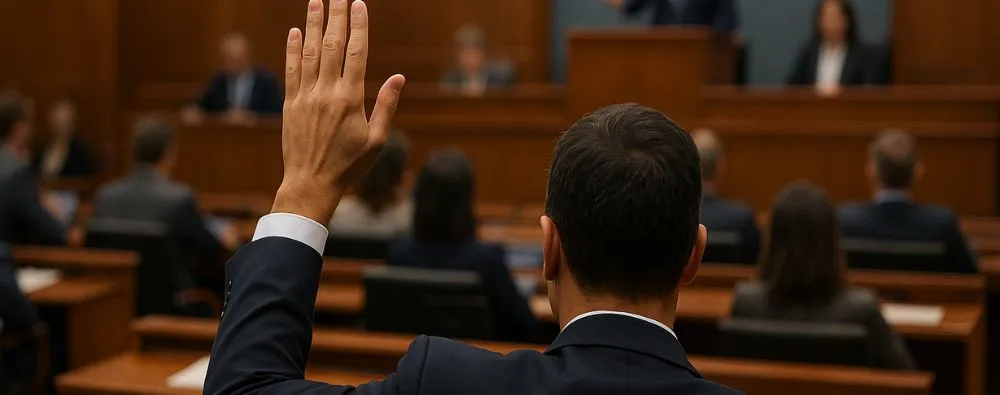 Homem levanta a mão em sessão legislativa, representando a renovação parcial de mandato em votação parlamentar.