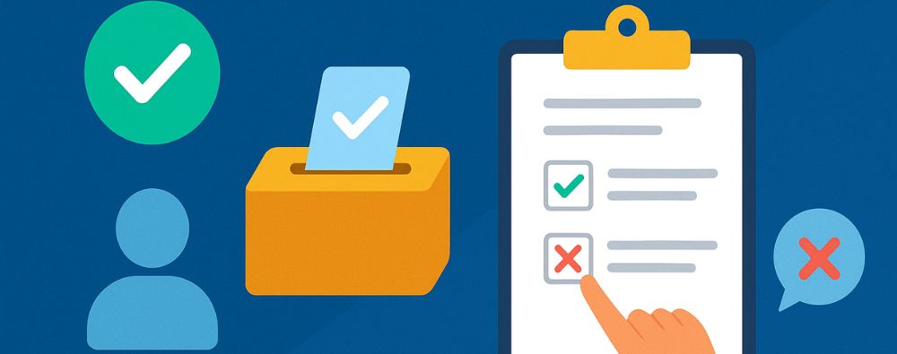 Ilustração em estilo flat mostrando uma mão votando em checklist, urna de votação para criação ou extinção de cursos