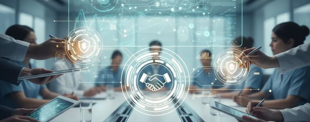 Representação digital de executivos em reunião sobre a Votação para a criação de novos protocolos de segurança no atendimento, com gráficos e ícones de proteção em telas holográficas.
