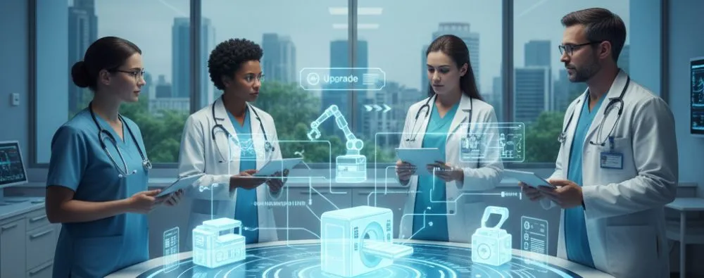 Profissionais de saúde e executivos em uma mesa de conferência digital, discutindo a aquisição e melhorias nos equipamentos hospitalares, com elementos gráficos de tecnologia e proteção.
