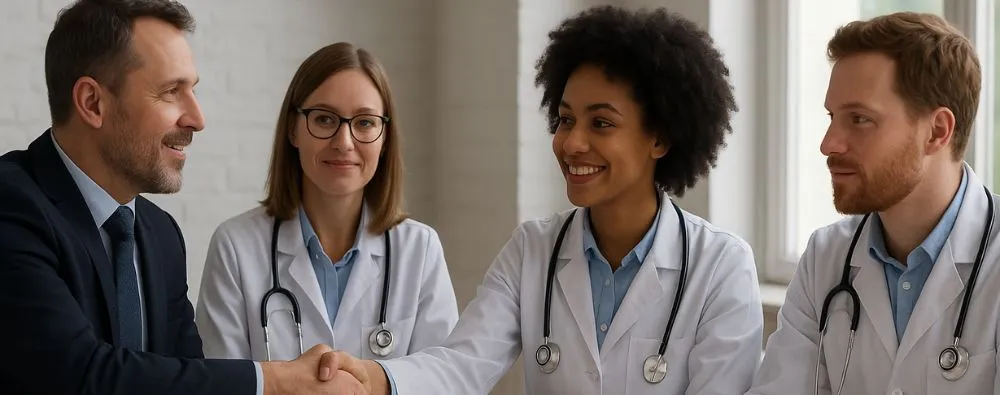 Médicos e executivos de negócios em uma sala de reunião com grandes janelas, representando a escolha de novos responsáveis por setores da saúde através de um aperto de mãos.