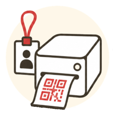 Ícone de uma impressora com crachá e QR Code para credenciamento de participantes.