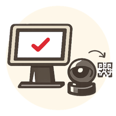 Ícone de um computador com marca de verificação e leitor QR para votar em uma estação dedicada.